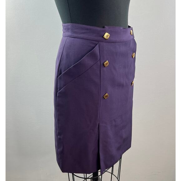 VINTAGE Hanae Mori Purple Pencil Skirt Wool Gold Button Knee Double Split 40 - Picture 6 of 8